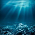 Underwater view of a coral reef with light rays penetrating the water