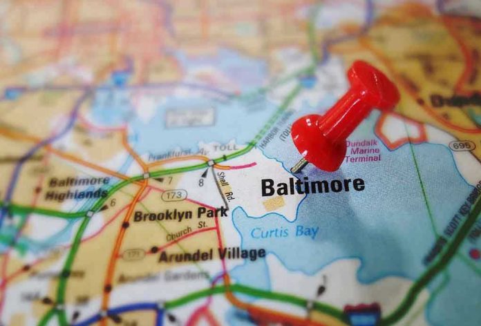 185722670 Red pushpin marking Baltimore on a map.